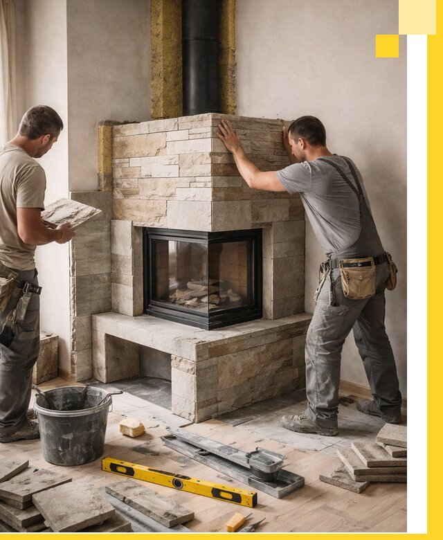 Угловые камины под ключ проект, монтаж и отделка в Кизилюрте