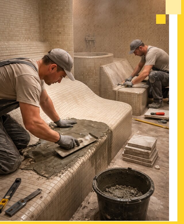 Лежаки для хамама под ключ в Кизилюрте, проект и монтаж